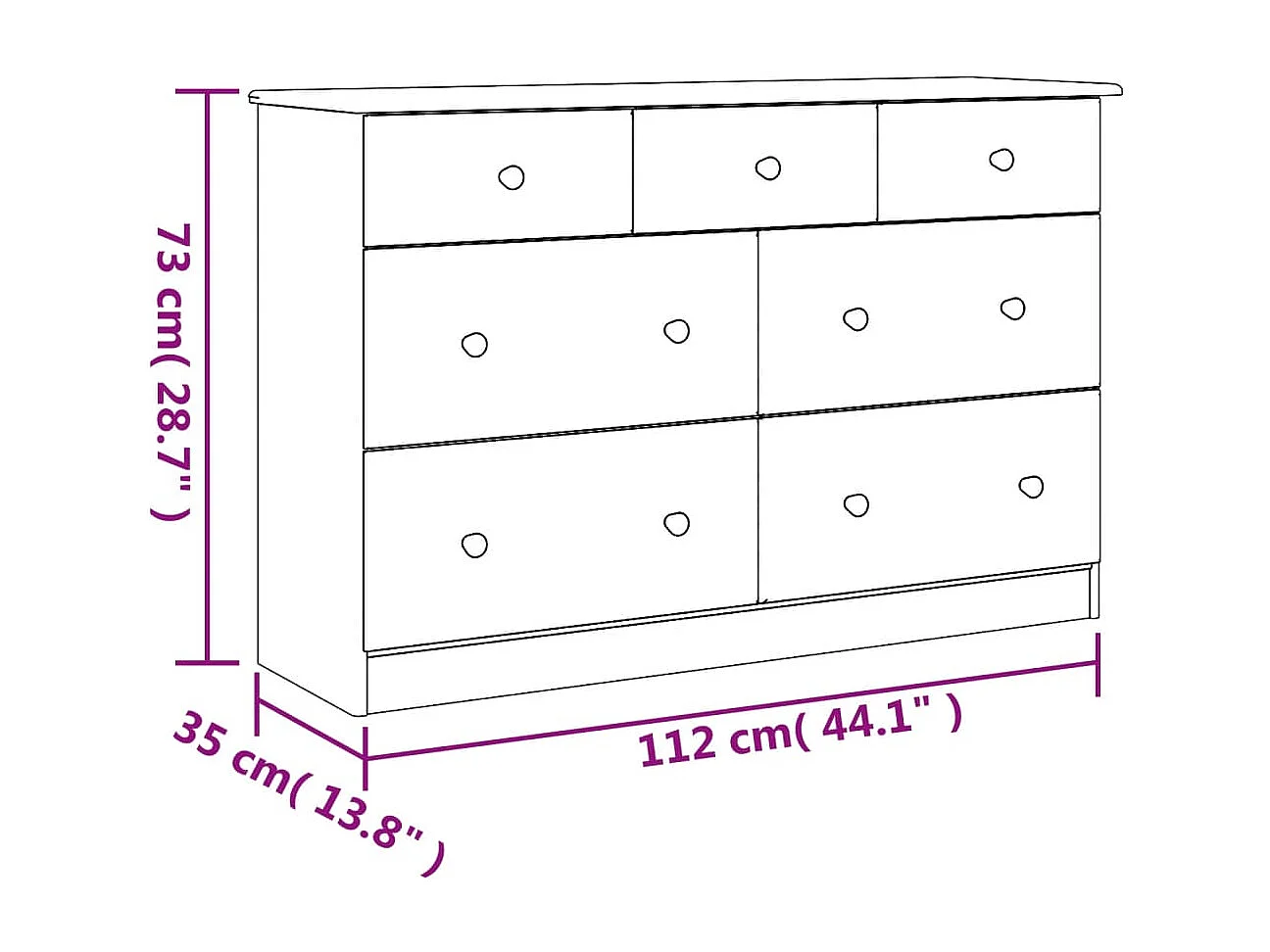 Cassettiera ALTA 112x35x73 cm in Legno Massello di Pino