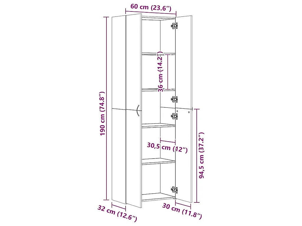 Armoire de bureau Gris béton 60x32x190 cm Bois d'ingénierie