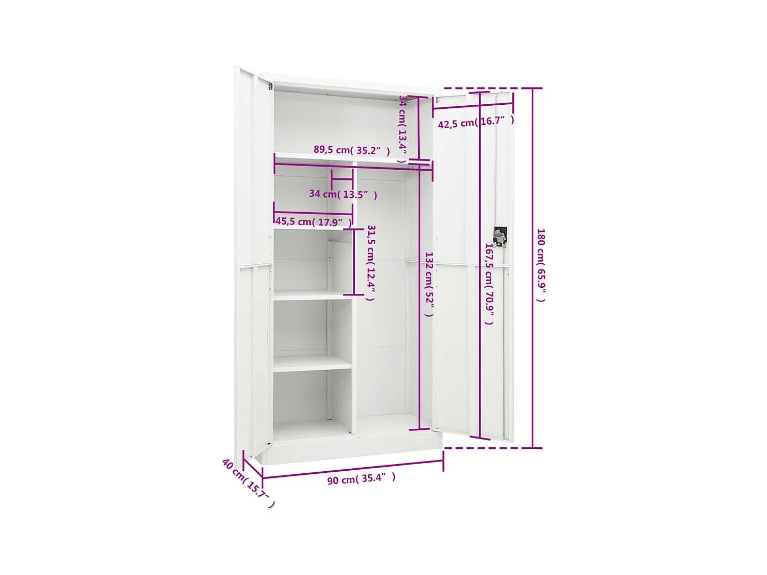 Armario de taquilla de acero blanco 90x40x180 cm