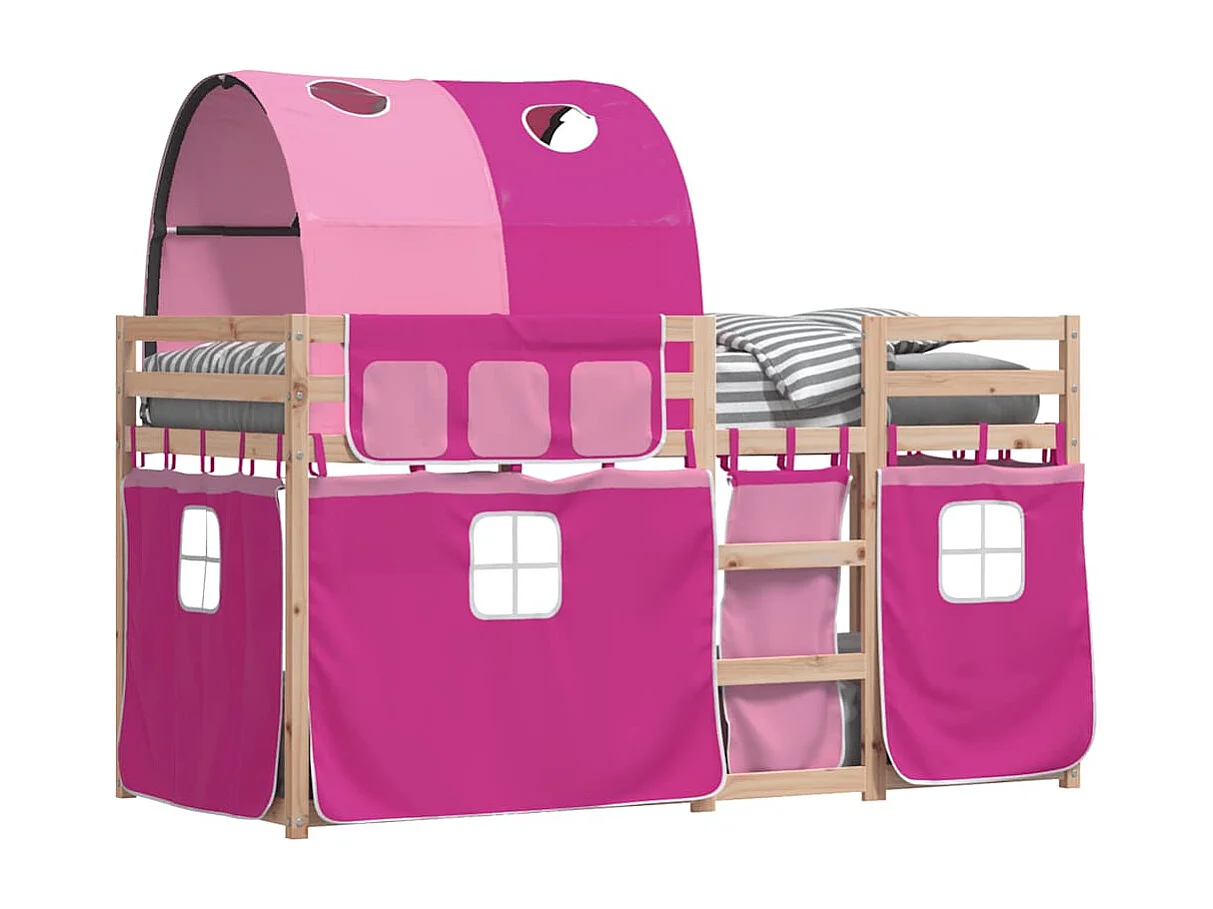 Etagenbett mit Vorhängen Rosa 75x190 cm Massivholz Kiefer
