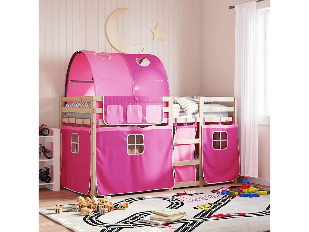 Stapelbed met gordijnen 75x190 cm grenenhout roze
