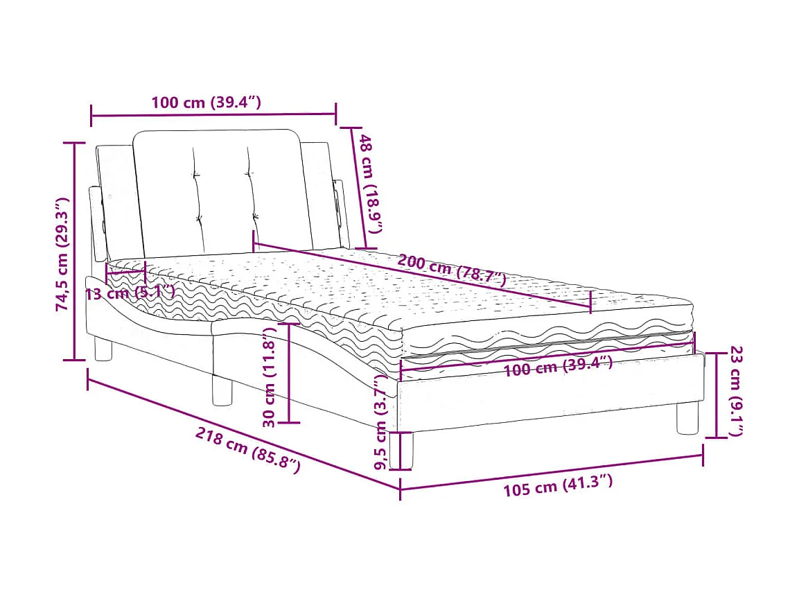 Lit avec matelas blanc et noir 100x200 cm similicuir