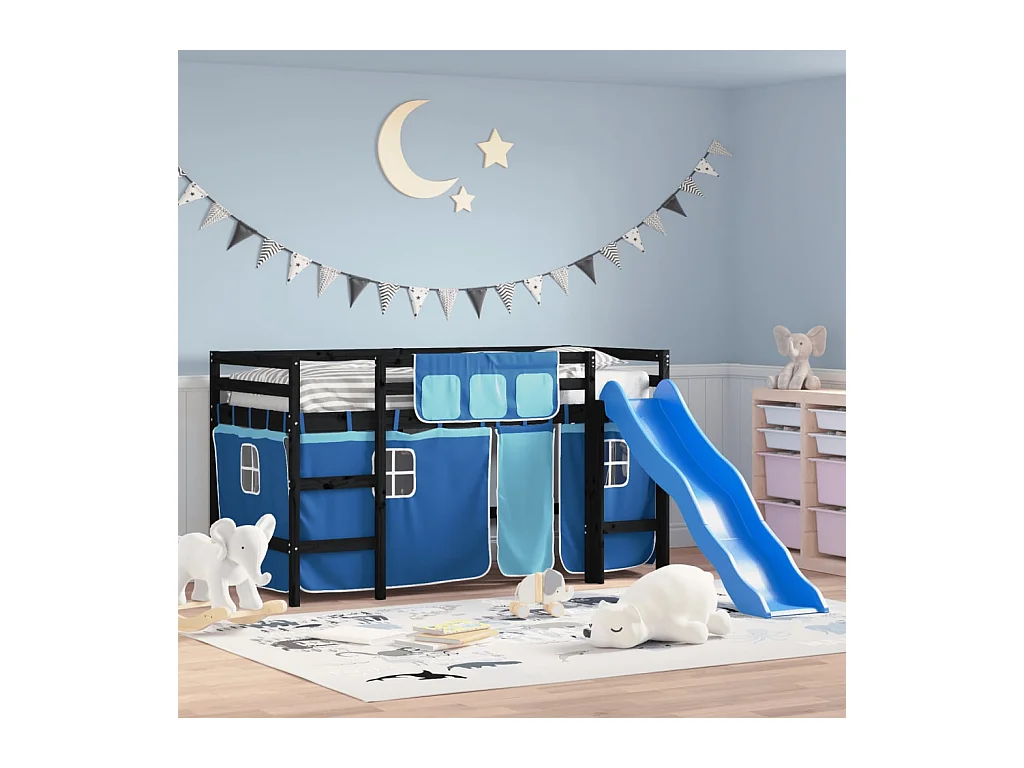 Kinderhoogslaper met gordijnen 90x190 cm grenenhout blauw