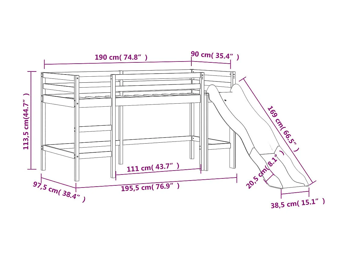 Cama alta para criança com torre 90x190 cm pinho maciço rosa
