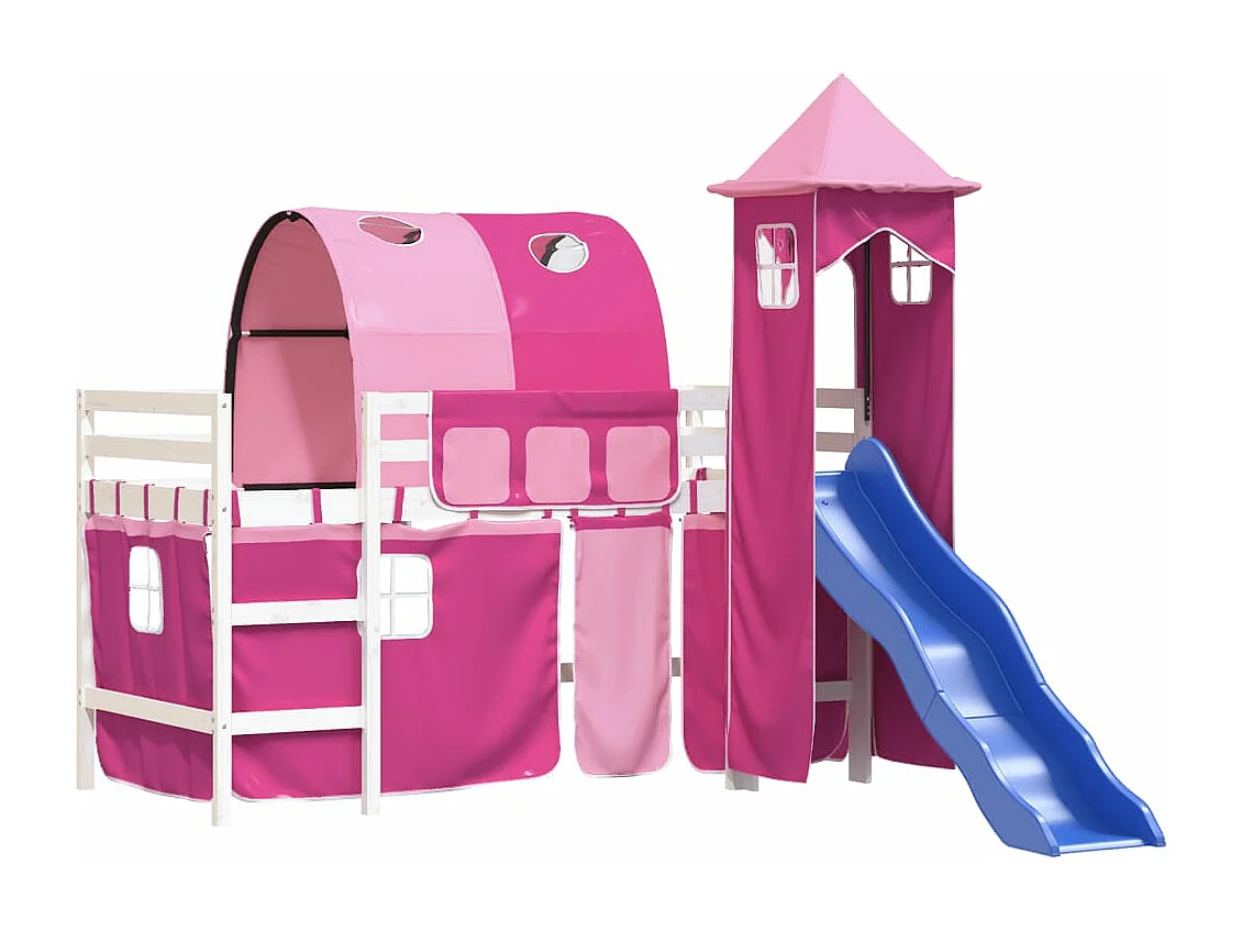 Cama alta para criança com torre 90x190 cm pinho maciço rosa