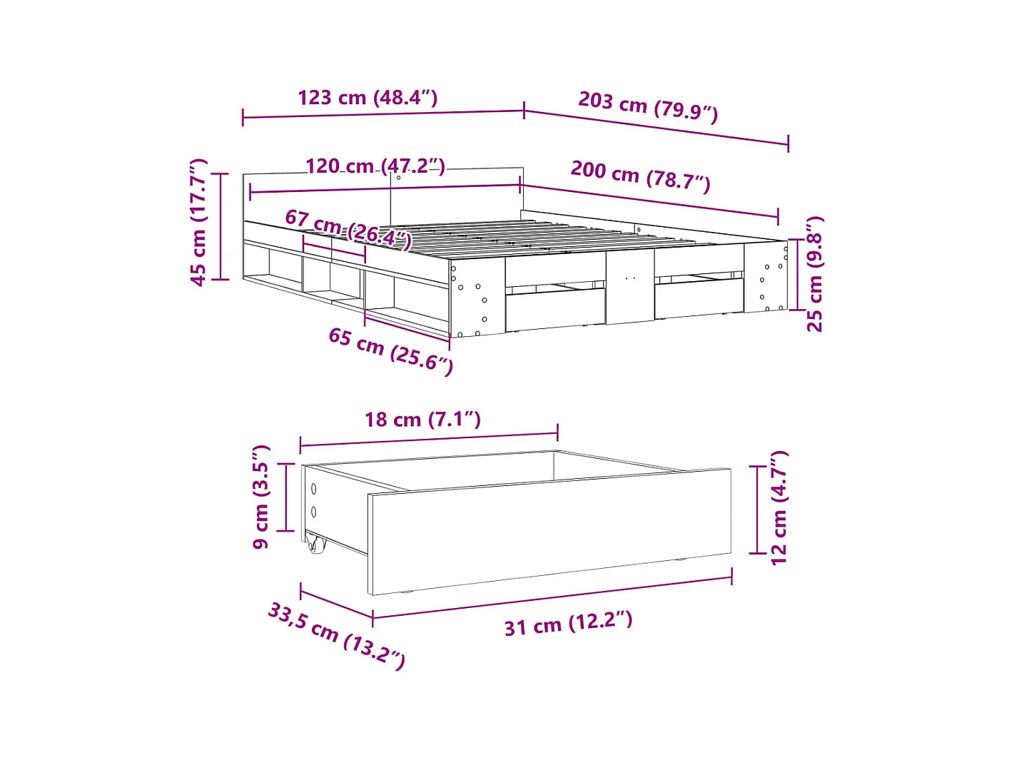Cadre de lit avec tiroirs sans matelas chêne sonoma 120x200 cm
