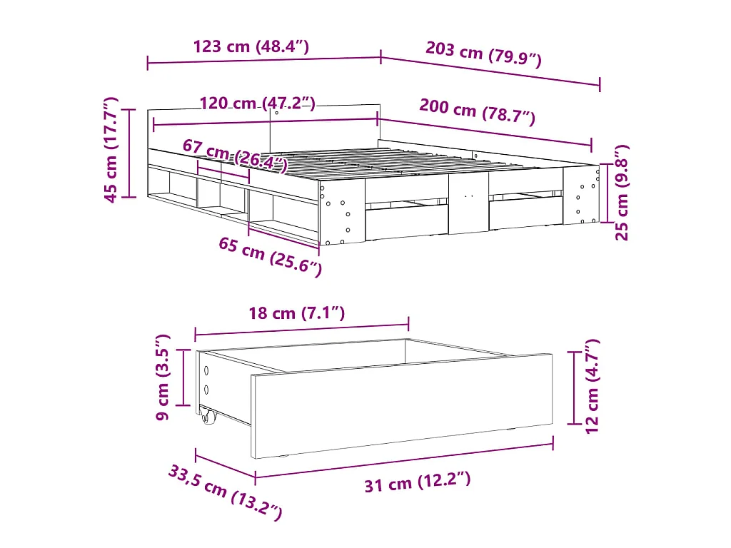 Bettgestell mit Schubladen Sonoma-Eiche 120x200cm Holzwerkstoff