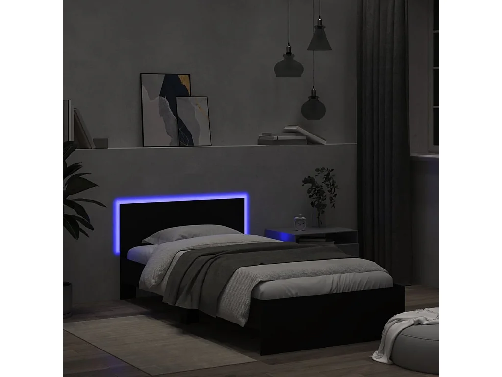 Bettgestell mit Kopfteil und LED-Leuchten Schwarz 100x200 cm