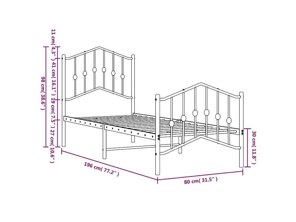 Bettgestell mit Kopf- und Fußteil Metall Schwarz 75x190 cm