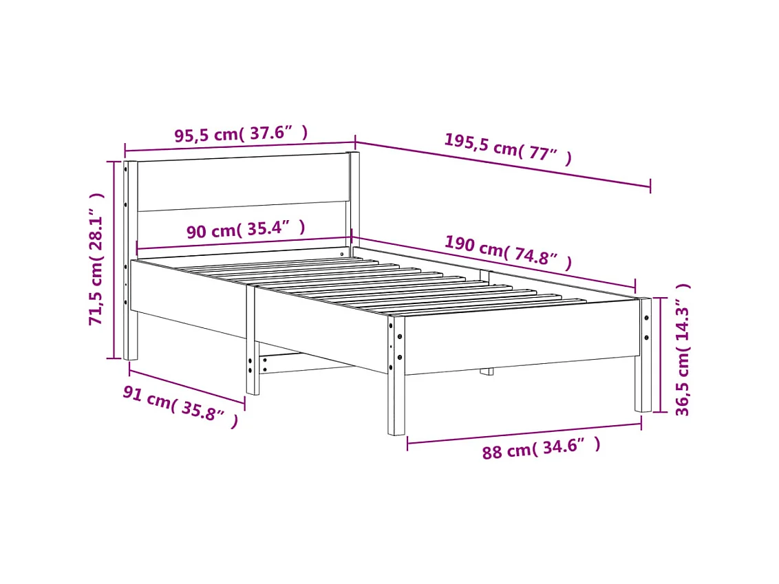 Bedframe zonder matras massief grenenhout wasbruin 90x190 cm