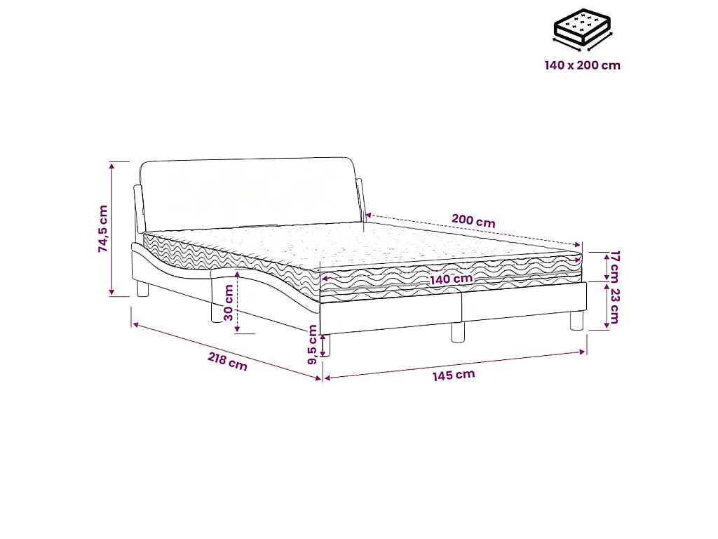 Cama com colchão Dover 140x200 cm veludo preto
