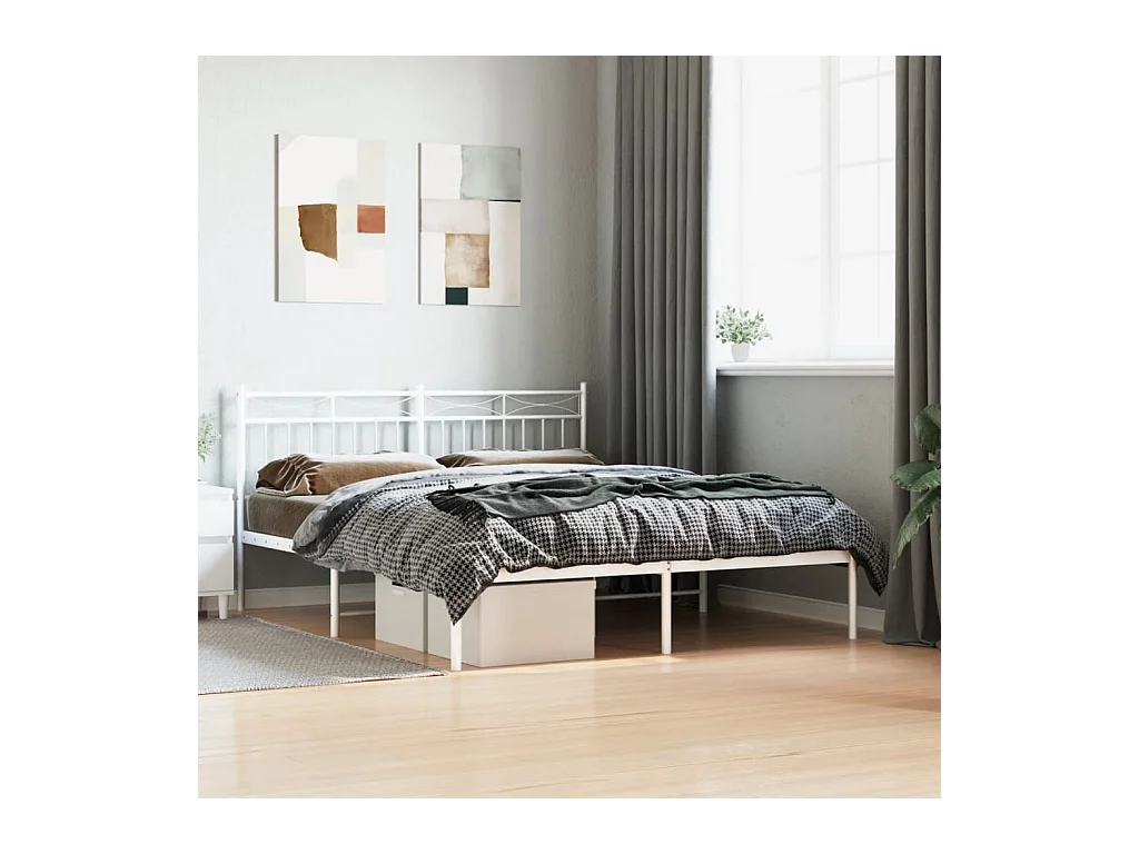 Cadre de lit métal sans matelas et tête de lit blanc 160x200 cm