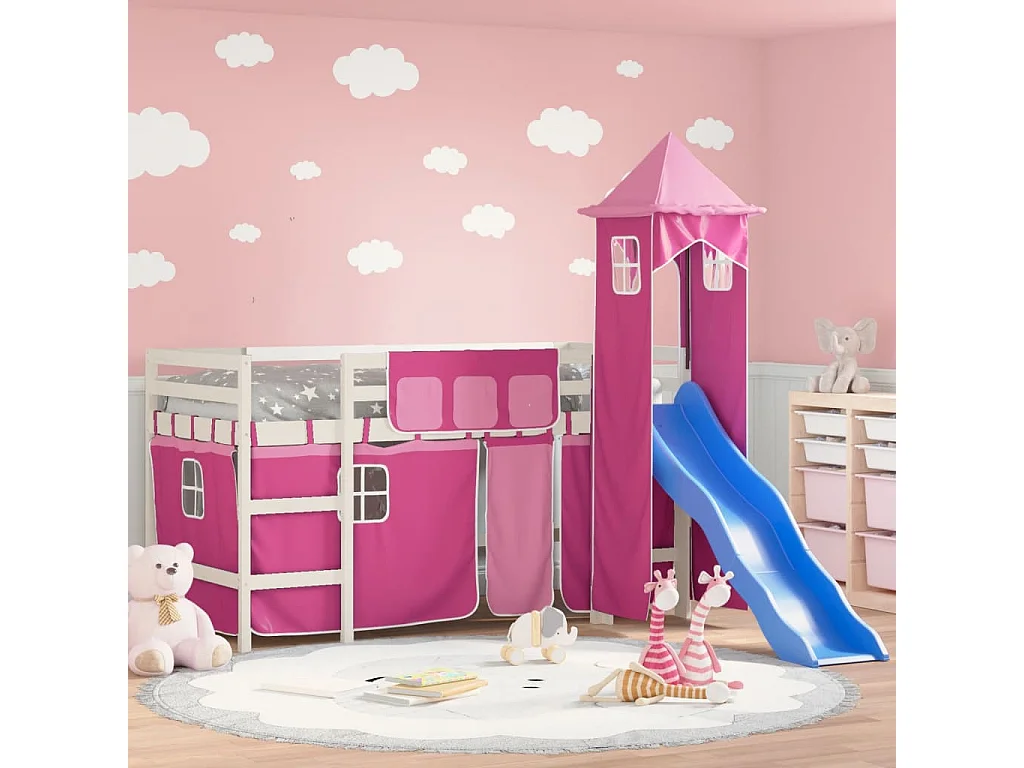 Kinderhoogslaper met toren 90x200 cm massief grenenhout roze