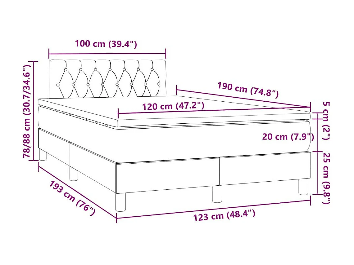 Cama box spring c/ colchão/LED 120x190cm tecido castanho-escuro