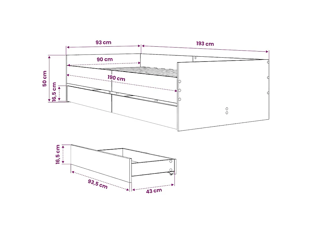 Bettgestell mit Schubladen Grau Sonoma 90x190 cm