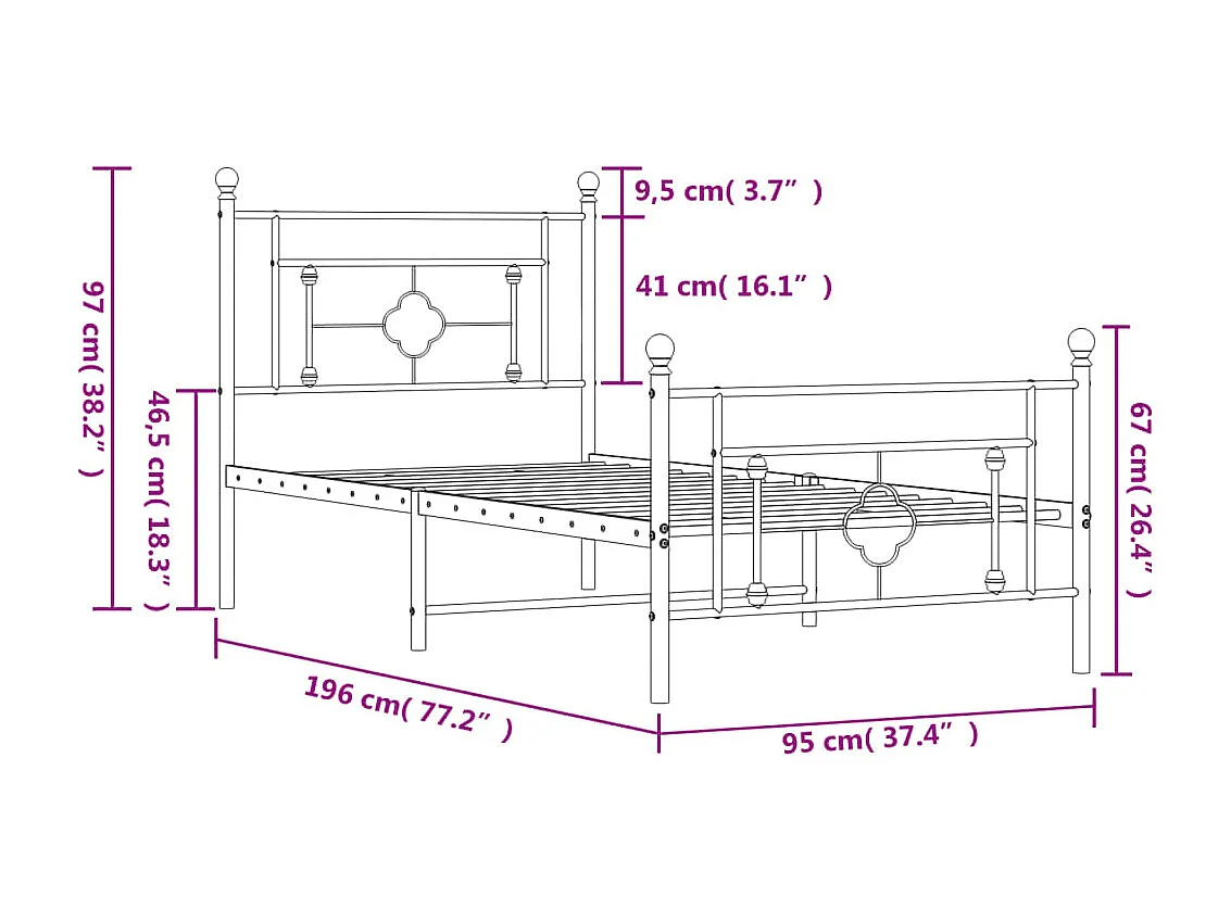 Estrutura de cama com cabeceira e pés 90x190 cm metal preto