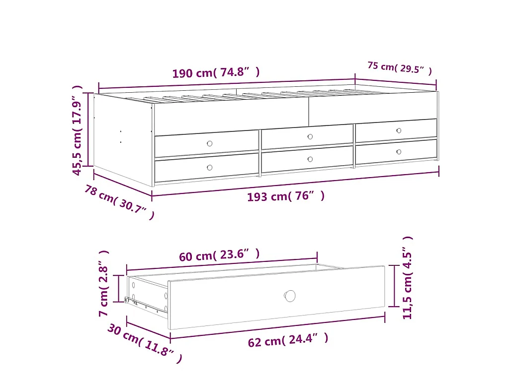 Tagesbett mit Schubladen ohne Matratze Betongrau 75x190 cm