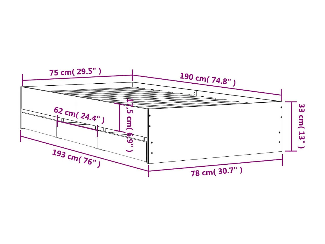 Giroletto con Cassetti Nero 75x190 cm in Legno Multistrato