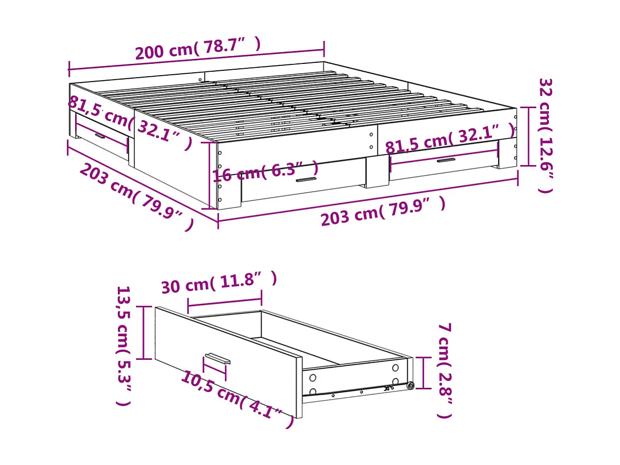 Cadre de lit avec tiroirs sans matelas chêne sonoma 200x200 cm