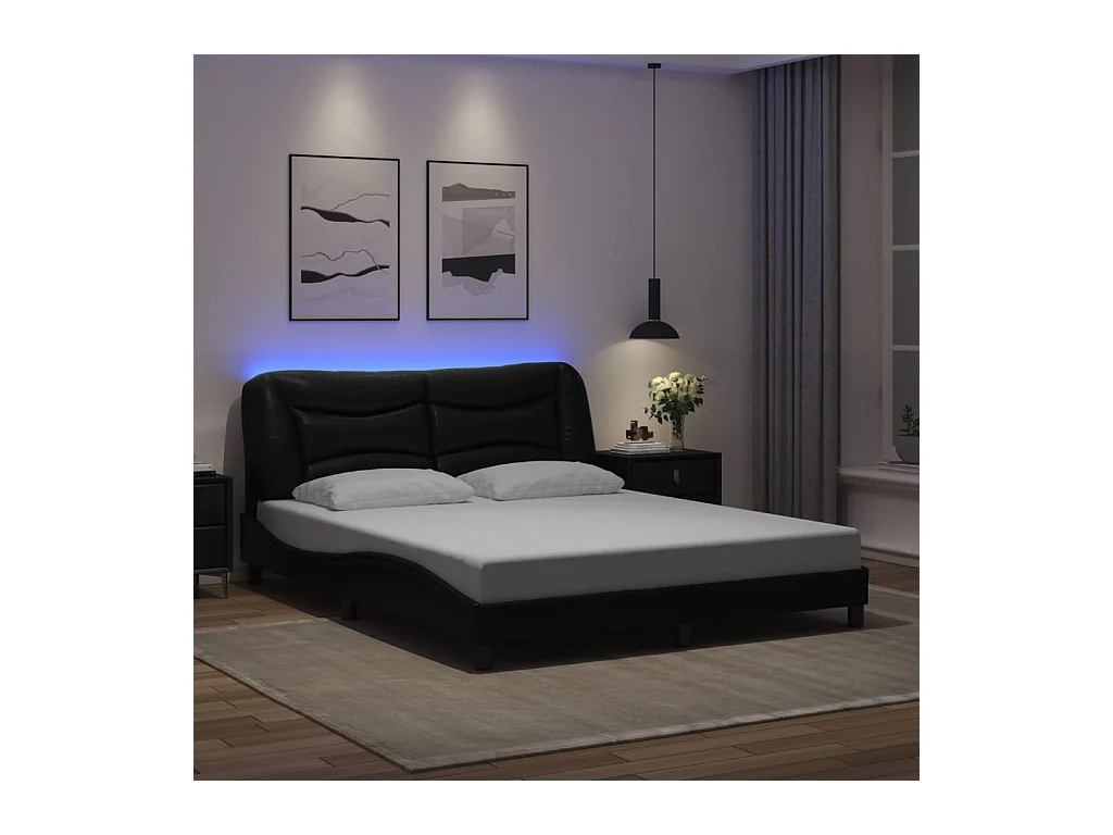 Bettgestell mit LED ohne Matratze "Hvar" Schwarz 160x200 cm Kunstleder