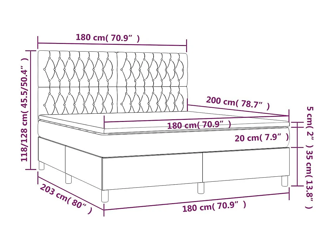 Sommier à lattes de lit et matelas et LED Taupe 180x200cm Tissu