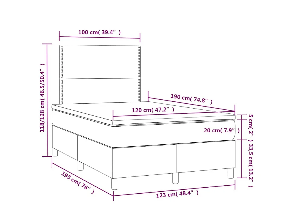 Sommier à lattes de lit matelas et LED taupe 120x190 cm tissu