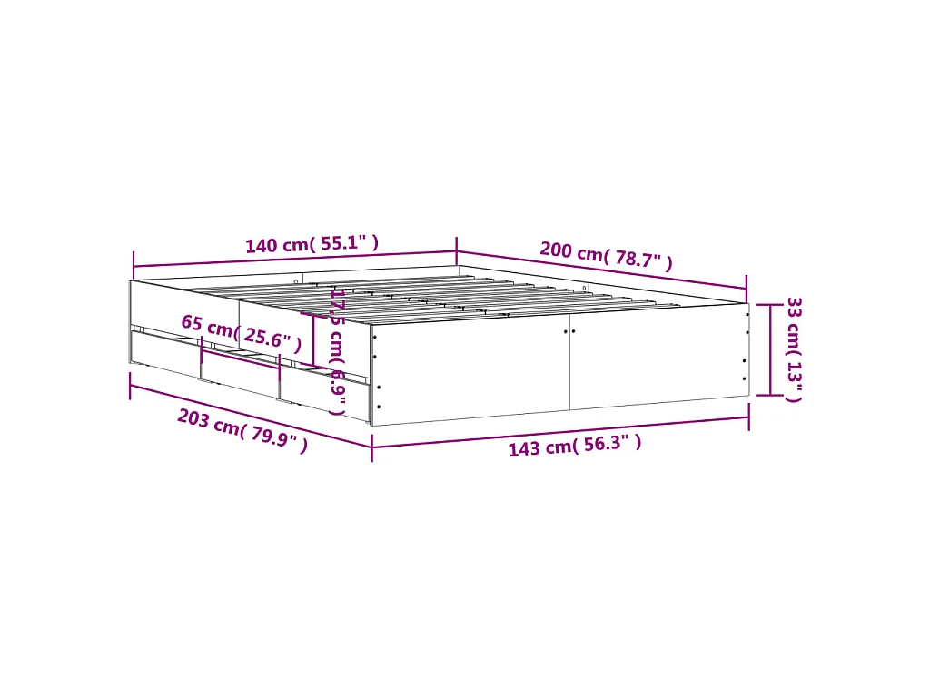 Cadre de lit avec tiroirs sans matelas sonoma gris 140x200 cm