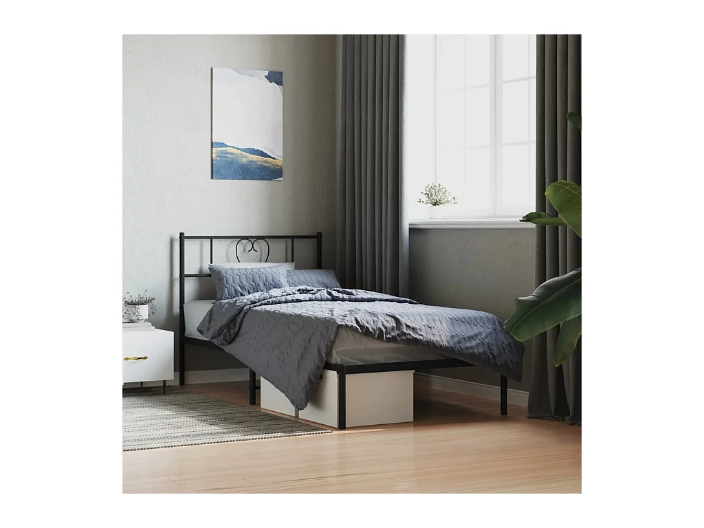 Cadre de lit métal sans matelas avec tête de lit noir 75x190 cm