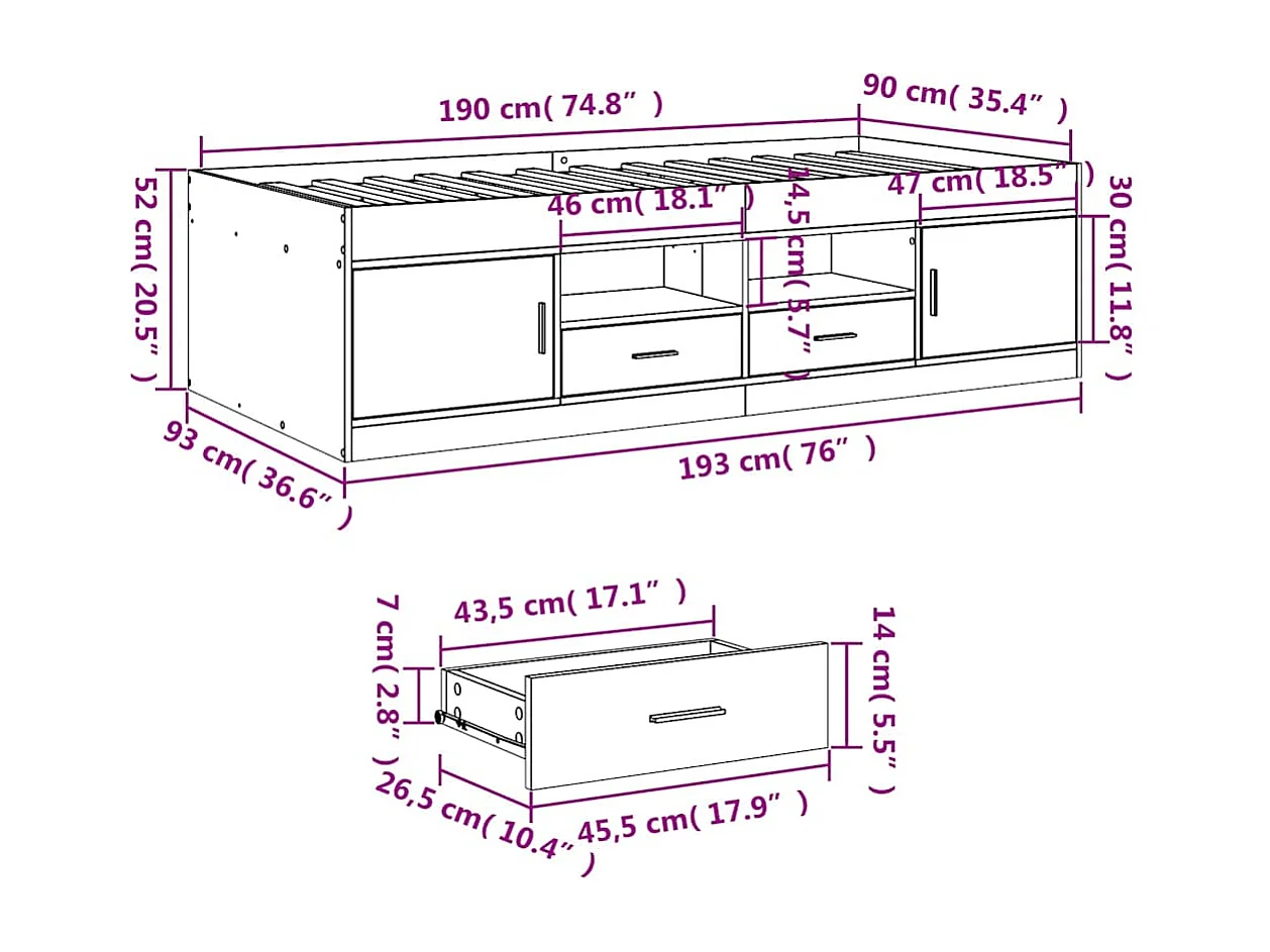 Divano Letto con Cassetti senza Materasso Rovere Fumo 90x190 cm