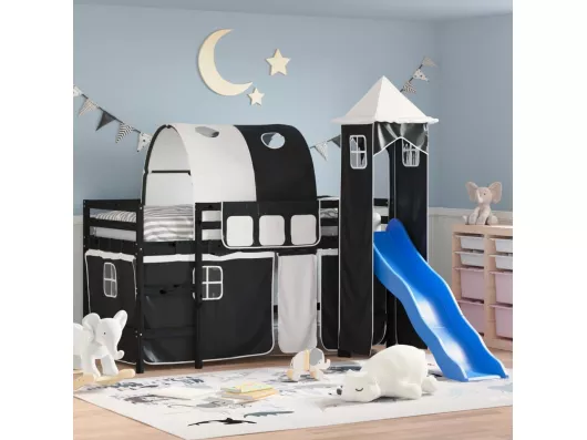 Kauf Unique Kinderhochbett mit Turm Weiß & Schwarz 90x200 cm Kiefernholz