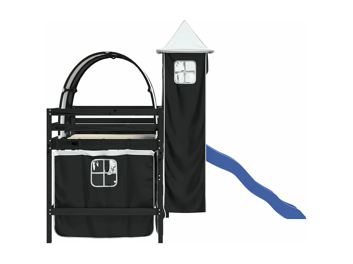 Cama alta criança c/ torre 90x200 cm pinho maciço branco/preto