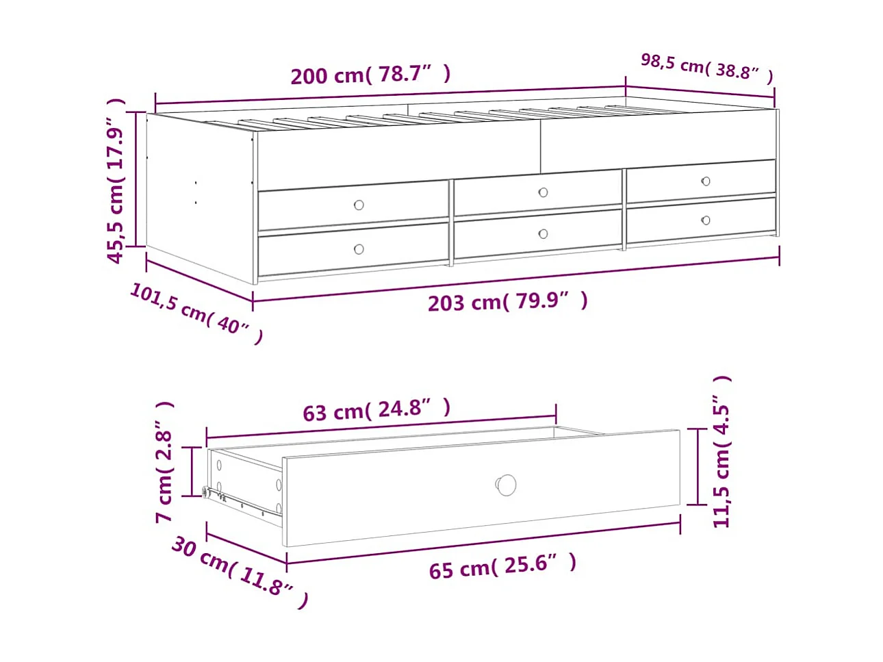 Slaapbank met lades zonder matras 100x200 cm wit