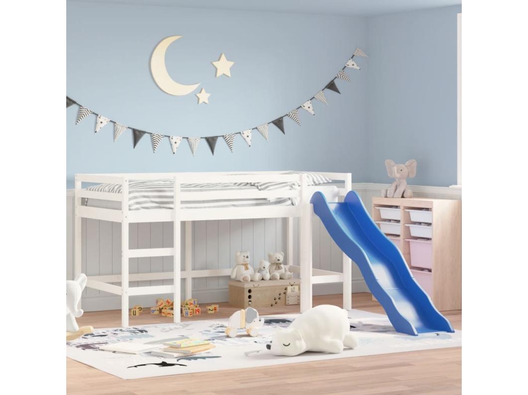 Letto Soppalco Scivolo Bambini Bianco 80x200 cm Massello Pino