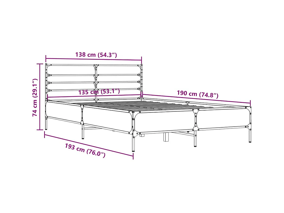 Estructura cama madera ingeniería metal roble ahumado 135x190cm