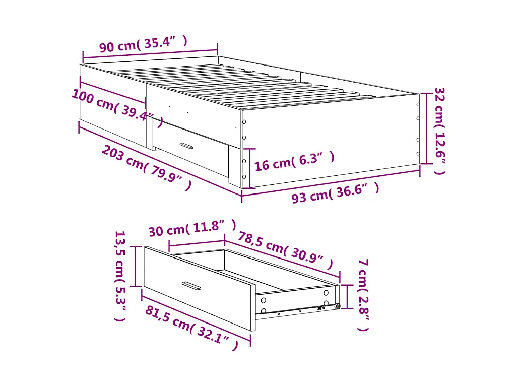 Cadre de lit avec tiroirs sans matelas sonoma gris 90x200 cm