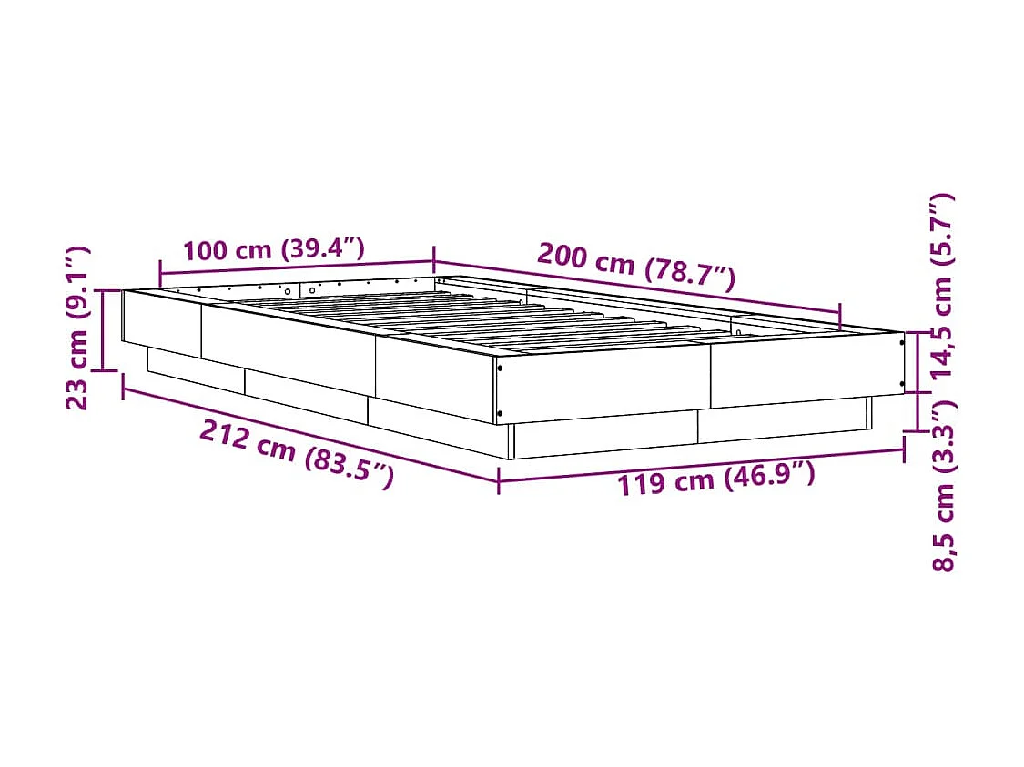 Cadre de lit et lumières LED sans matelas chêne fumé 100x200 cm
