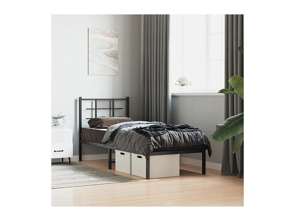 Cadre de lit métal sans matelas avec tête de lit noir 75x190 cm