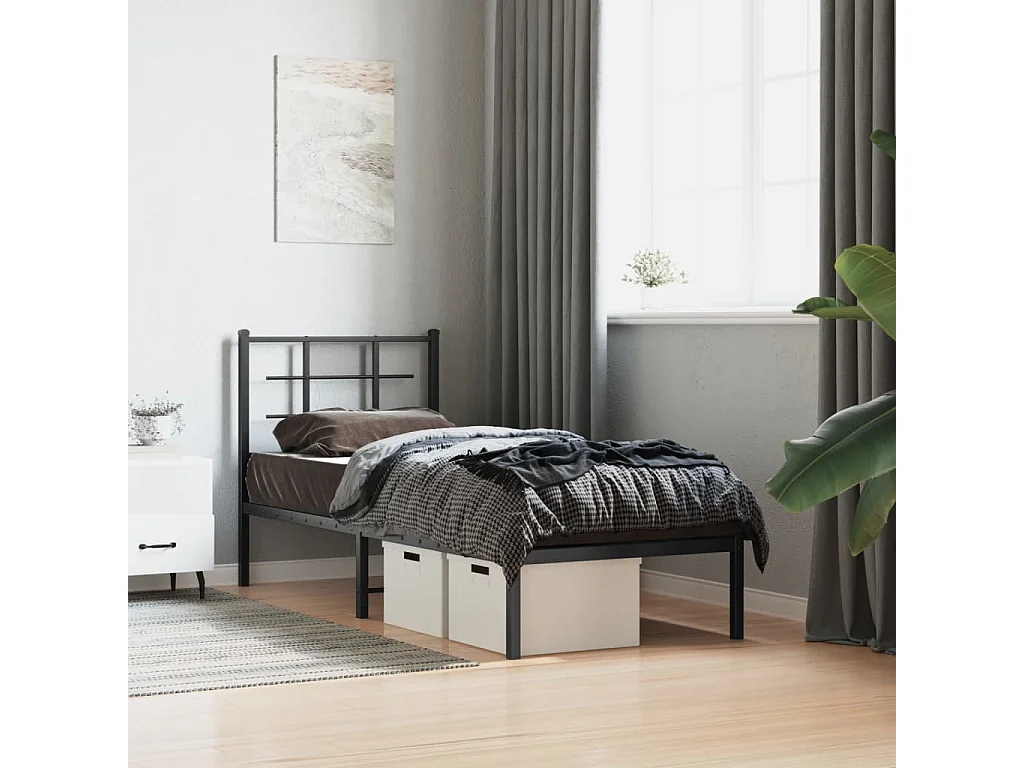 Cadre de lit métal sans matelas avec tête de lit noir 75x190 cm