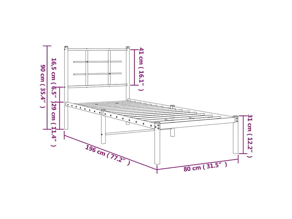 Cadre de lit métal sans matelas avec tête de lit noir 75x190 cm