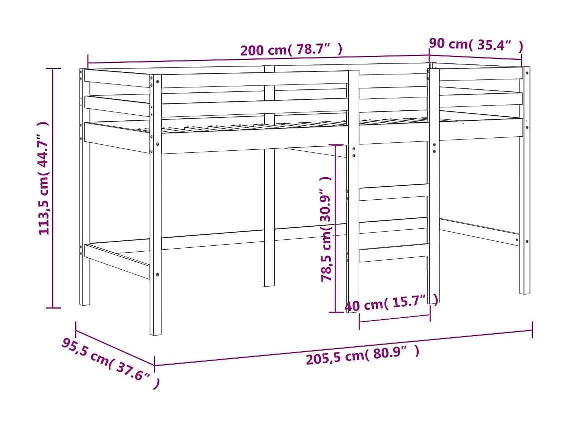 Lit mezzanine d'enfants sans matelas avec échelle 90x200 cm