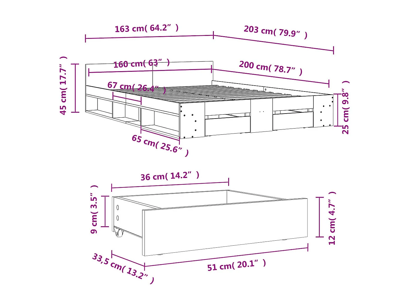 Cadre de lit avec tiroirs sans matelas sonoma gris 160x200 cm