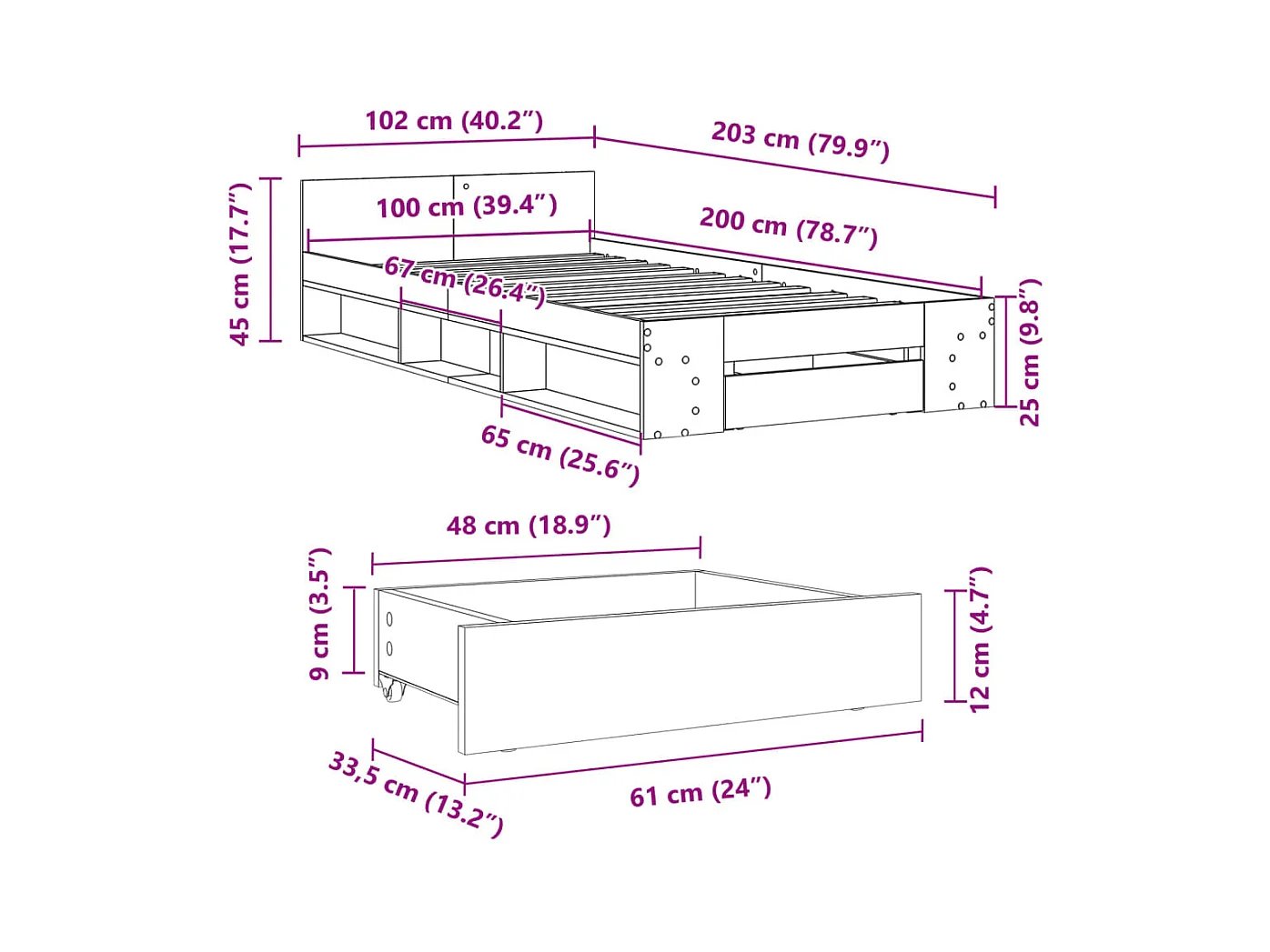 Bettgestell mit Schublade Weiß 100x200 cm Holzwerkstoff