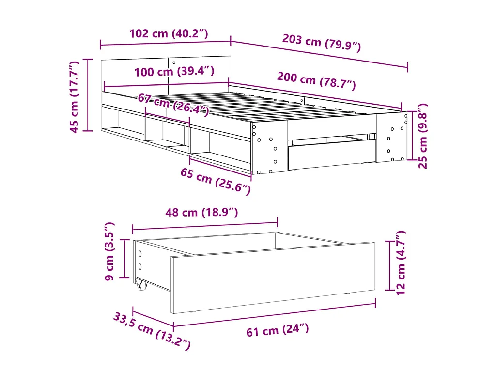 Bedframe met lade bewerkt hout wit 100x200 cm