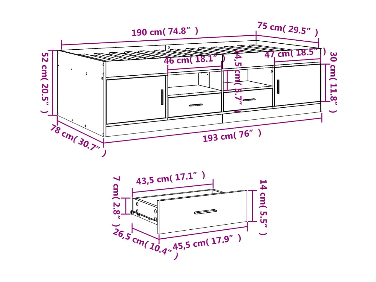 Tagesbett mit Schubladen ohne Matratze Betongrau 75x190 cm