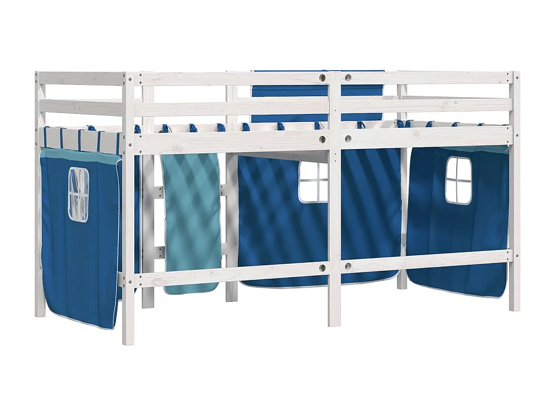 Letto a Soppalco Bambini con Tende Blu 90x190 cm Massello Pino