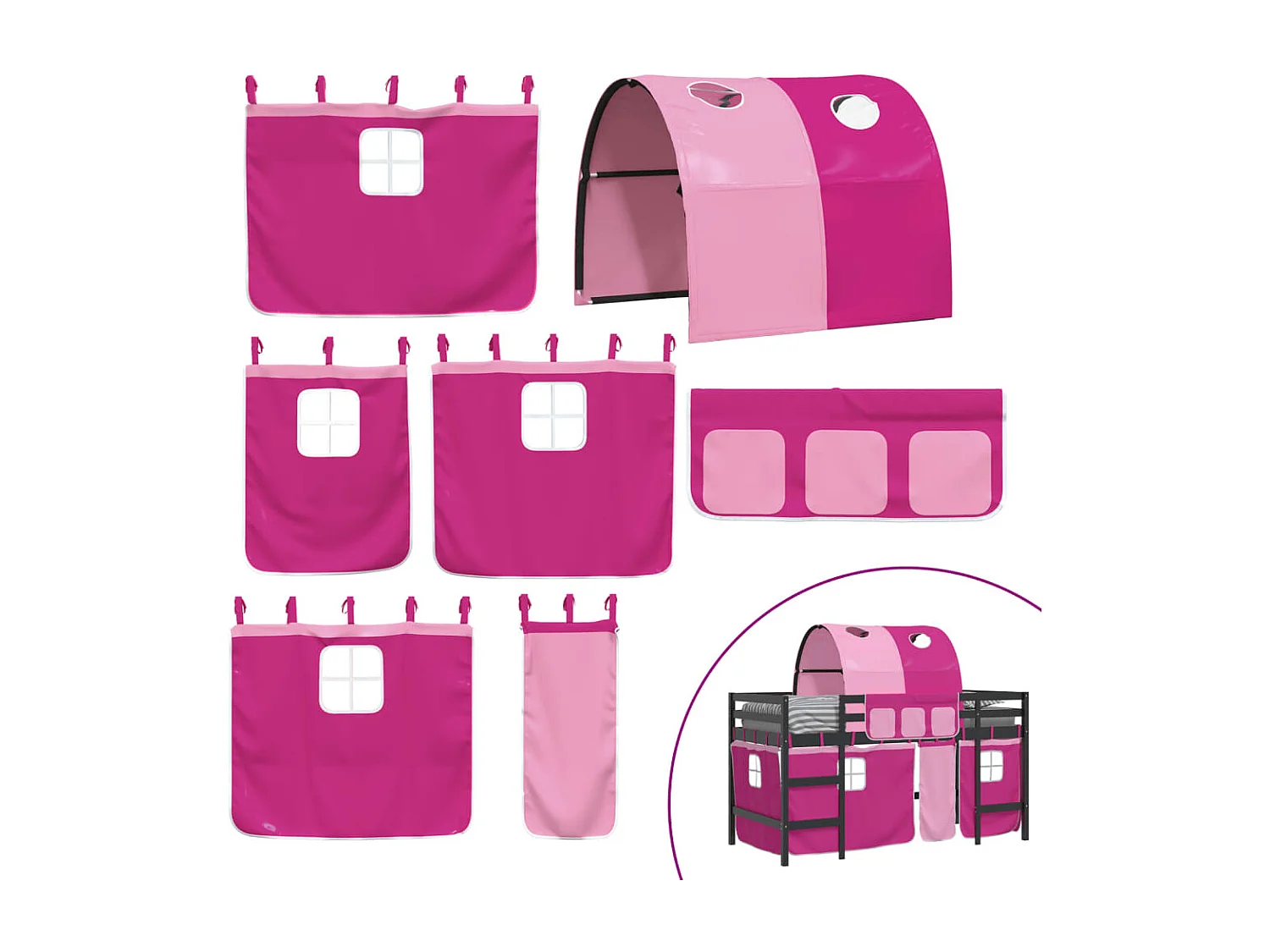 Letto a Soppalco con Tunnel Bambini Rosa 90x200cm Massello Pino