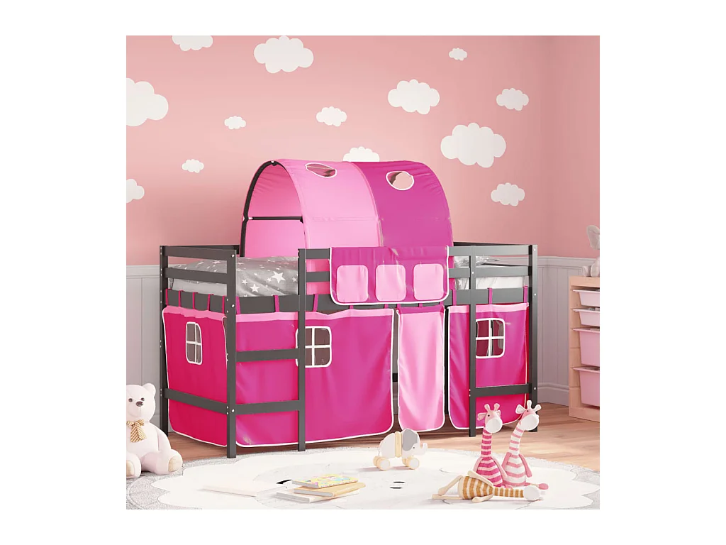 Lit mezzanine enfants avec tunnel sans matelas rose 90x200 cm
