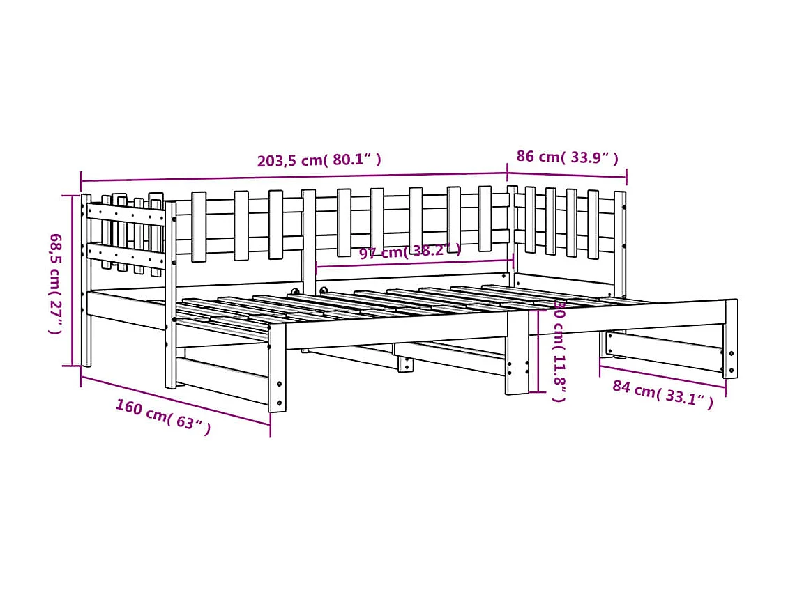 Lit coulissant sans matelas blanc 2x(80x200) cm Bois massif