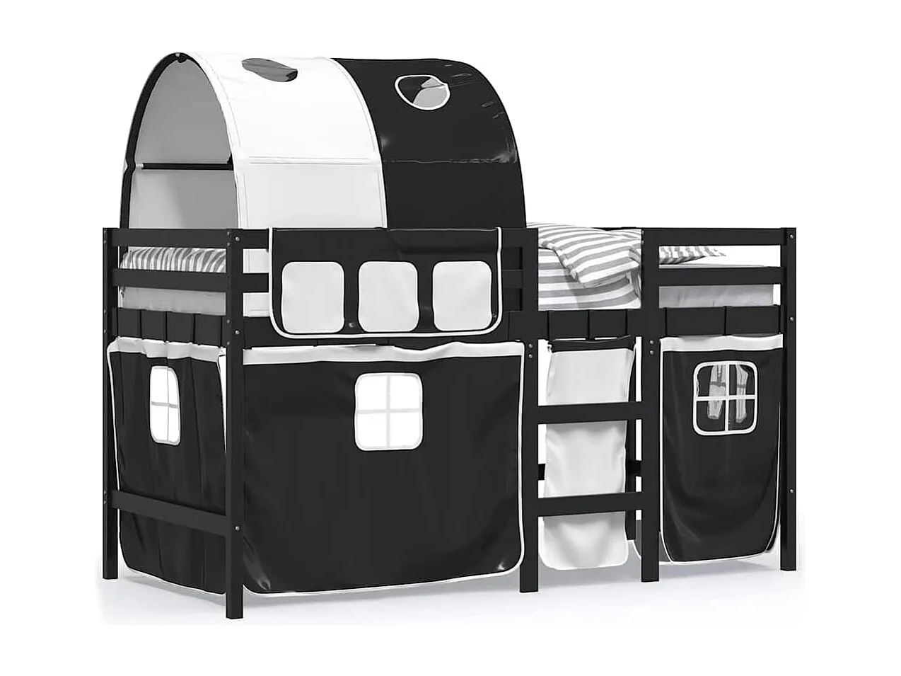 Cama alta criança c/ túnel 90x190 cm pinho maciço branco/preto