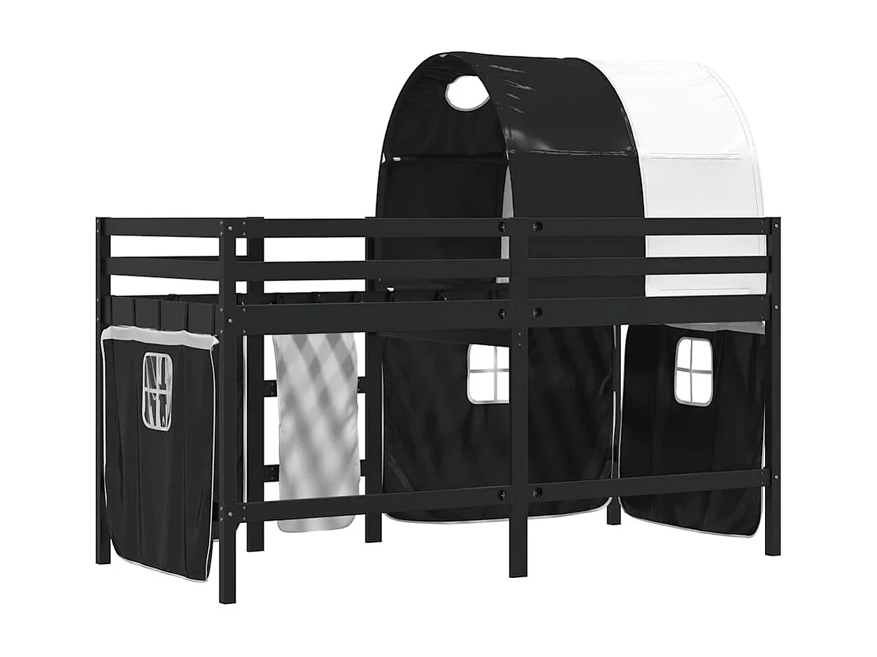 Cama alta criança c/ túnel 90x190 cm pinho maciço branco/preto